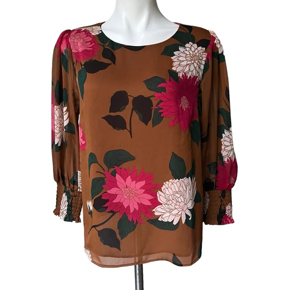 Ann Taylor Factory Sheer Brown Floral Overlay Balloon Sleeve Blouse, Sz M - Picture 4 of 13